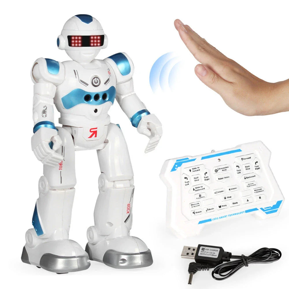A remote-controlled robot toy with music and dance features, designed for children's entertainment and engagement.
