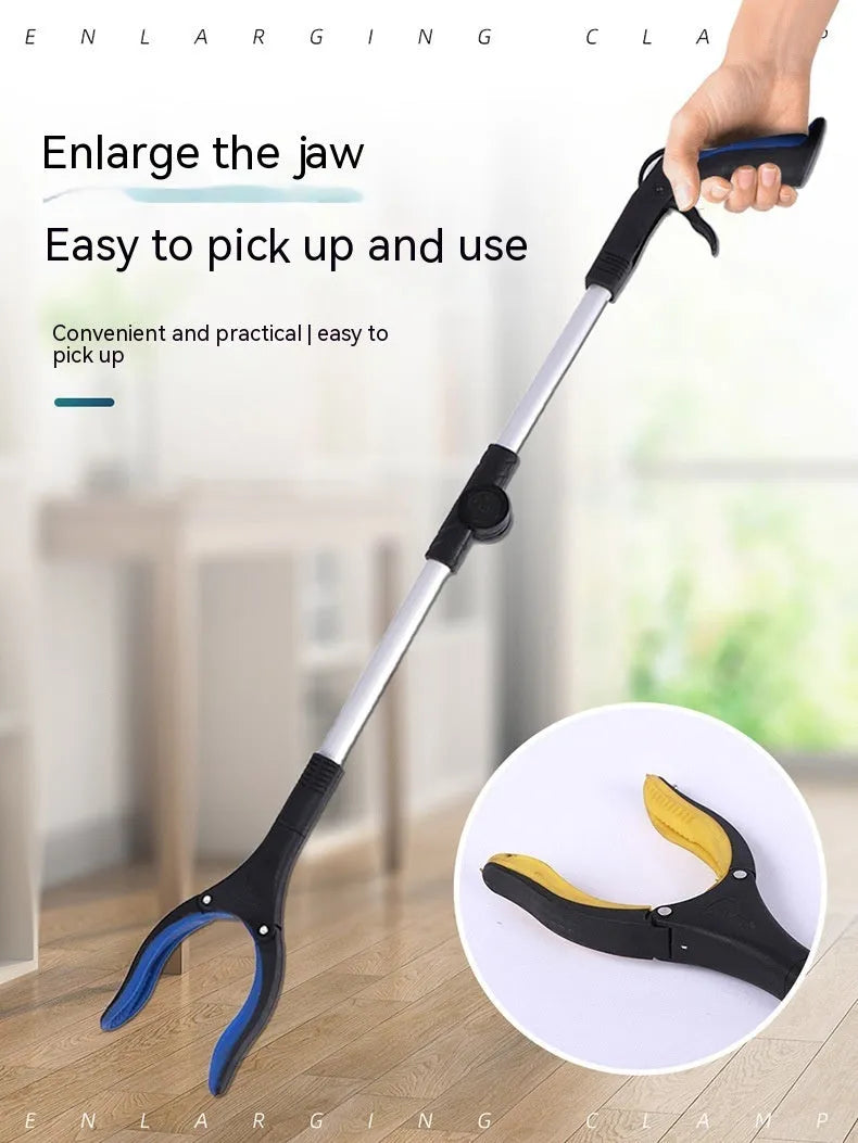Foldable aluminium garbage clamp with extended pole and magnet sucker on blue handle.