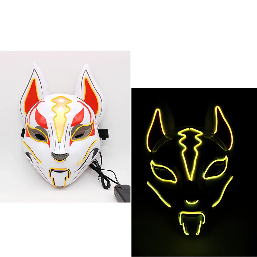 Glowing blue cat face mask with LED illumination measuring 28cm by 18cm for cosplay and Halloween events