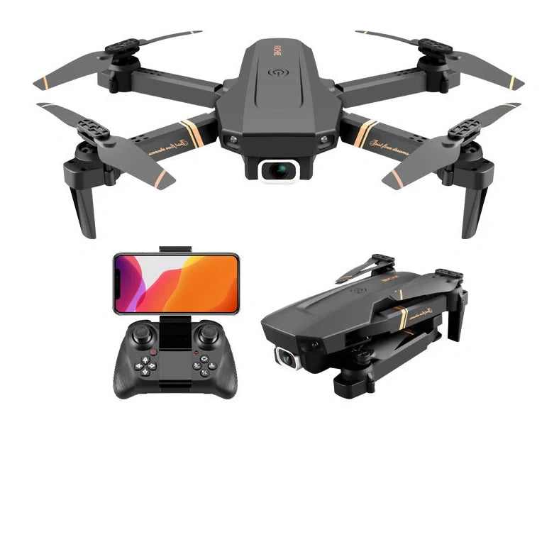 Black folding drone with 4K camera, protective frames, and remote control on grey background
