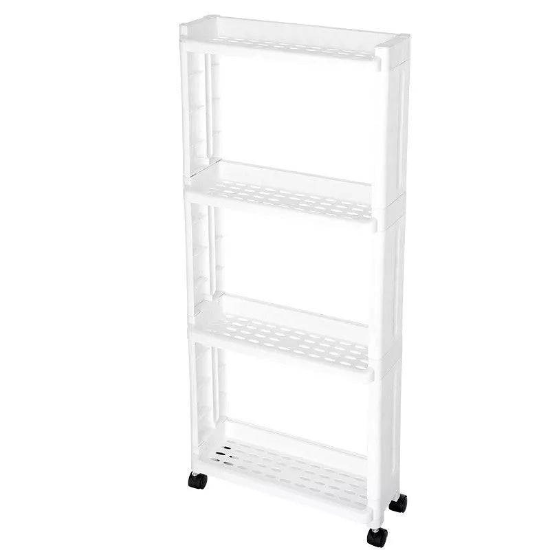 Wheeled kitchen storage rack in white and grey, offering space-saving organization with durable PP plastic construction.