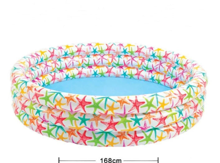 Round blue inflatable baby pool measuring 168cm across with 38cm high sides