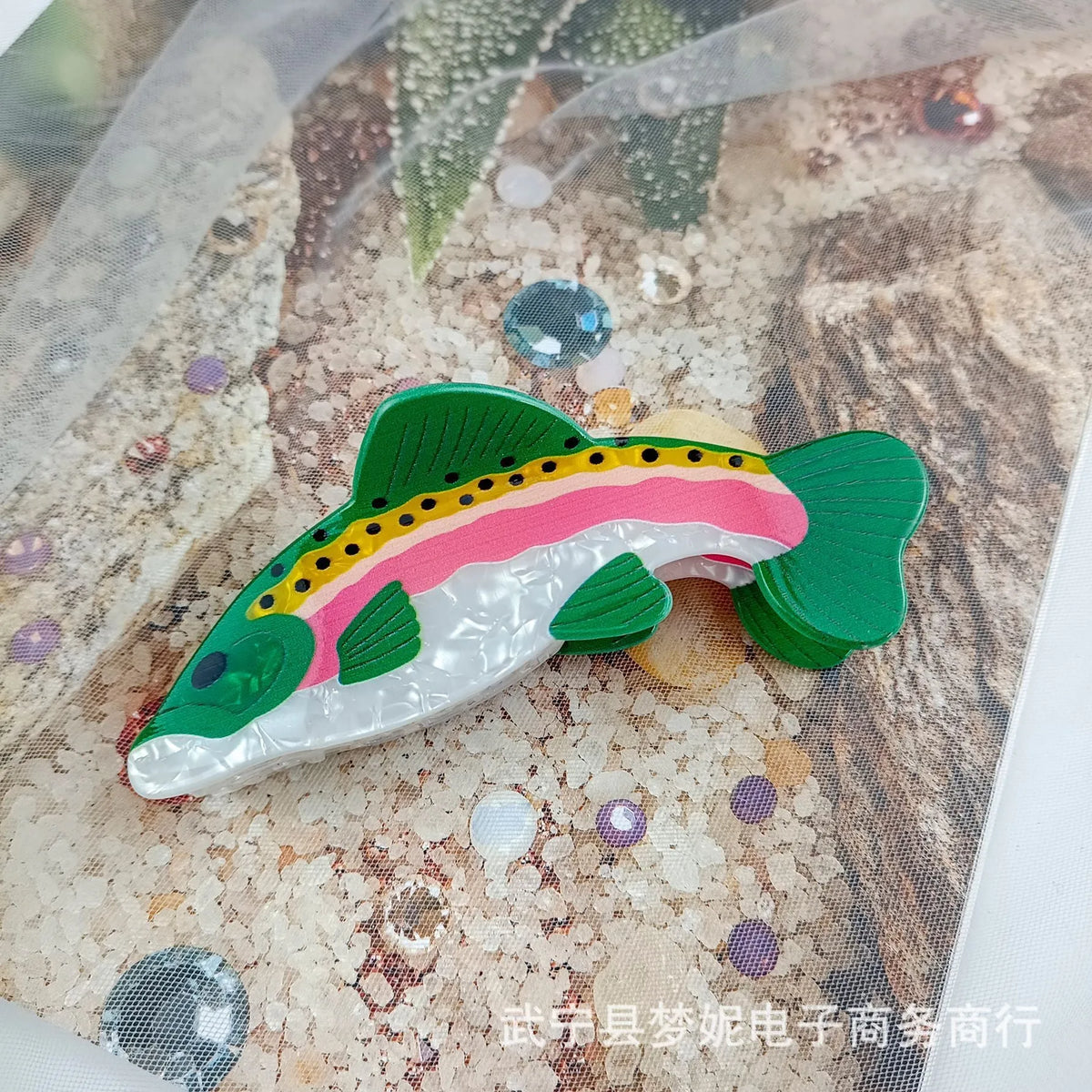 Dark green PVC hair clip with detailed rainbow trout fish design and scale pattern printing