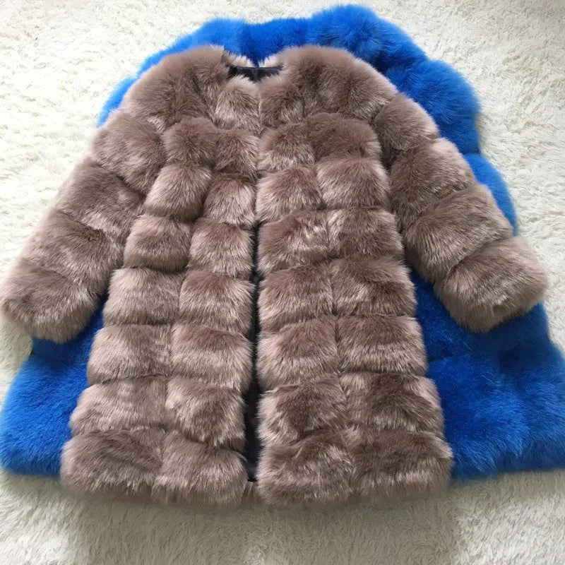 Women's thick warm fur coat in artificial fabric, 80cm length, available in five colours including black and apricot