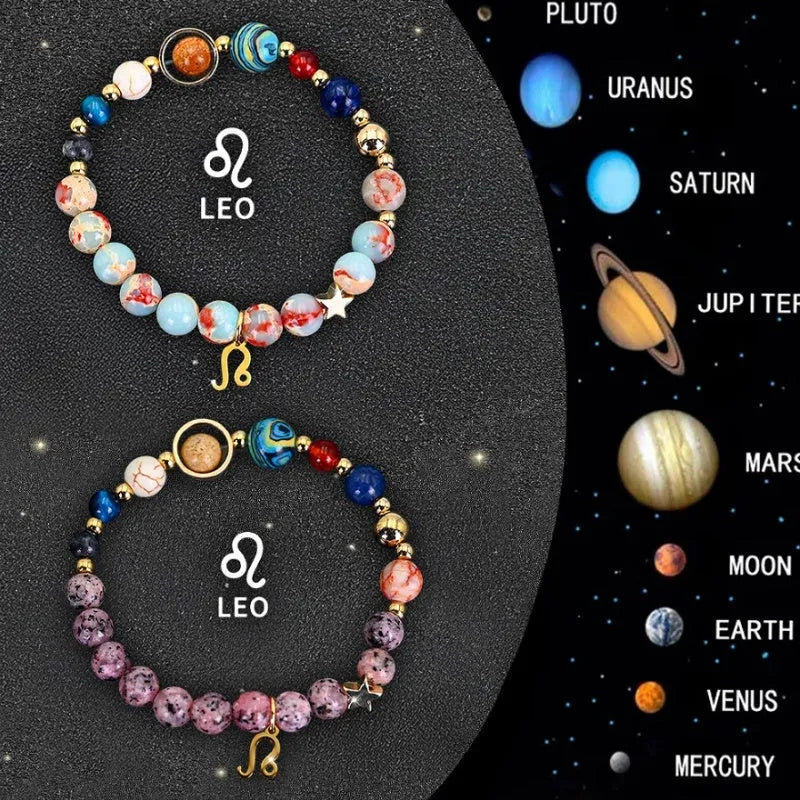 Twelve Zodiac Sign natural stone beaded bracelets with adjustable 20-24cm length showing distinct astrological designs