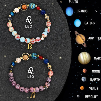 Twelve Zodiac Sign natural stone beaded bracelets with adjustable 20-24cm length showing distinct astrological designs