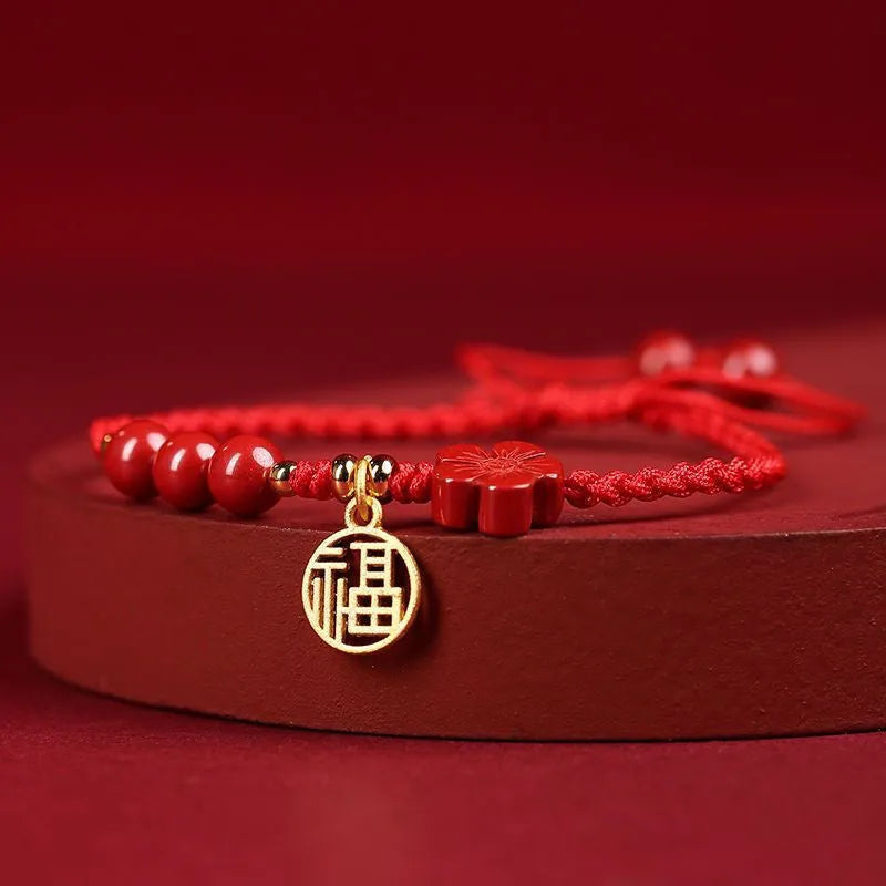 Cinnabar ethnic bracelet with braided rope strap and blessing charm for college entrance exams