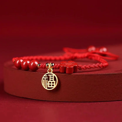 Cinnabar ethnic bracelet with braided rope strap and blessing charm for college entrance exams