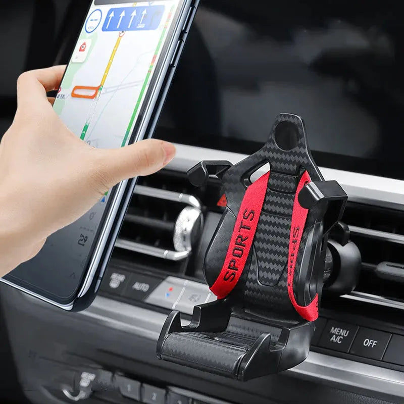 Air vent car phone holder with 360 degree rotation and stable clamp, racing seat shape car mobile phone clip featuring silent design and thickened silicone padding for secure auto interior mounting without tools or screws