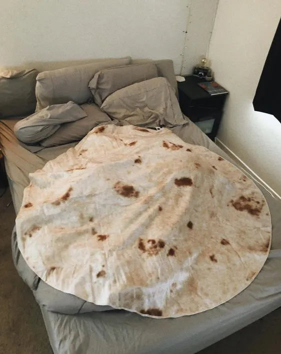 Round burrito tortilla wrap blanket with printed design in soft flannel microfiber material