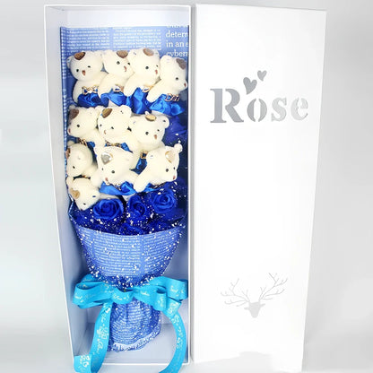 Handmade plush toy bouquet with 11 cartoon bears and chiffon roses in presentation box