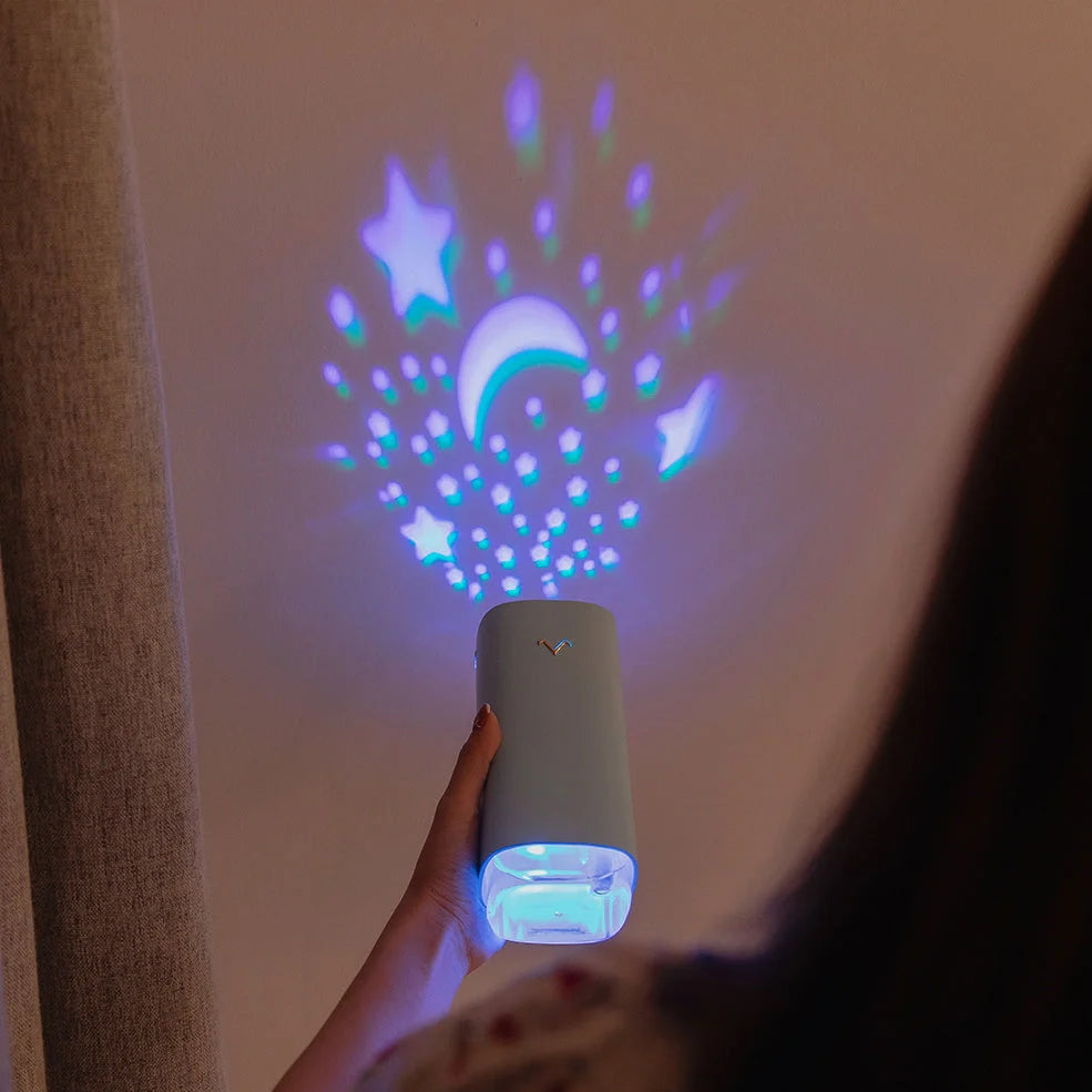 Blue aromatherapy projection humidifier measuring 7.5cm square with water tank and control buttons