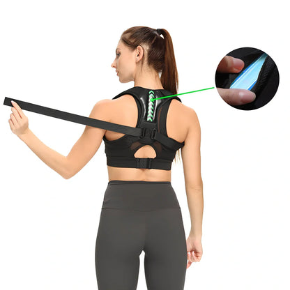 Arrowhead fishbone posture correction belt in black with green detailing, showing adjustable nylon straps and upper back support design