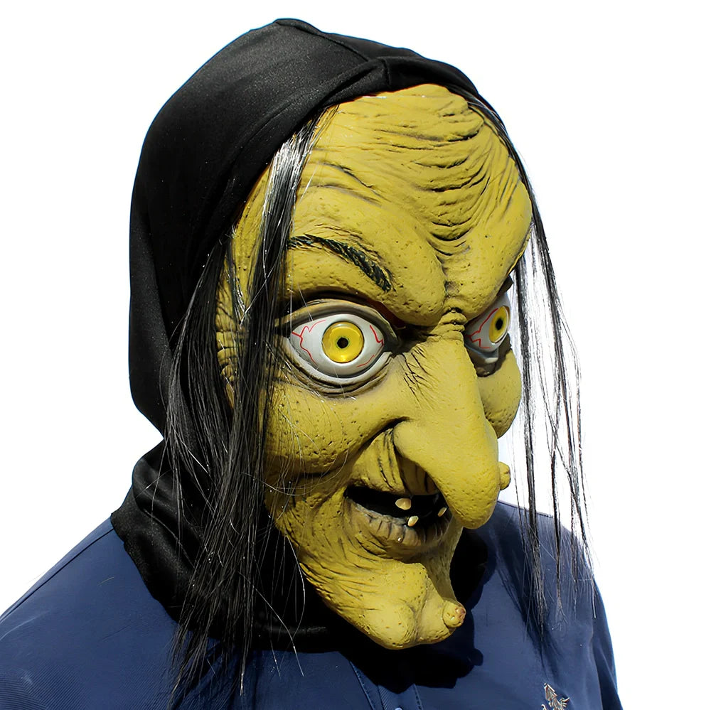 Latex Halloween witch mask with realistic facial wrinkles and textured surface, showing flexible fit and hand-painted colour accents