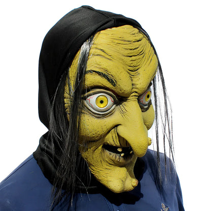 Latex Halloween witch mask with realistic facial wrinkles and textured surface, showing flexible fit and hand-painted colour accents