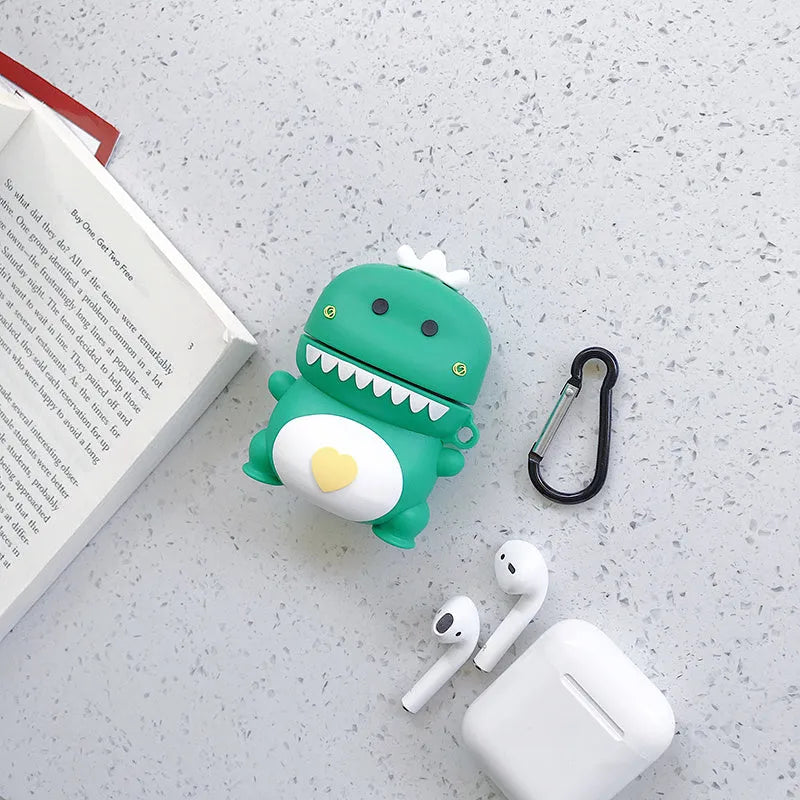 Green silicone protective case with a cartoon animal design for Apple AirPods 1st and 2nd generation charging case