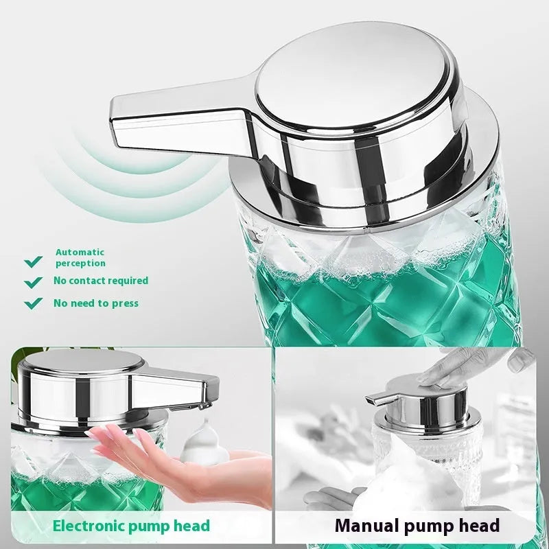 Automatic soap dispenser with silver finish and Type-C charging port showing infrared sensor beneath nozzle