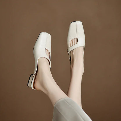 Low heel square toe outdoor slippers in artificial PU material with rubber sole
