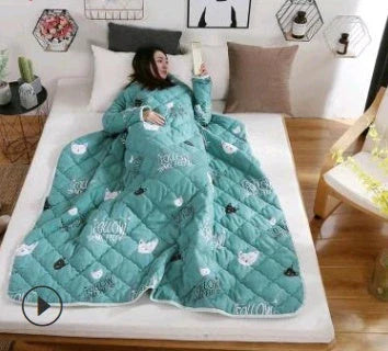 Cozy fleece blanket with sleeves in various colors, perfect for relaxing and enjoying indoor activities