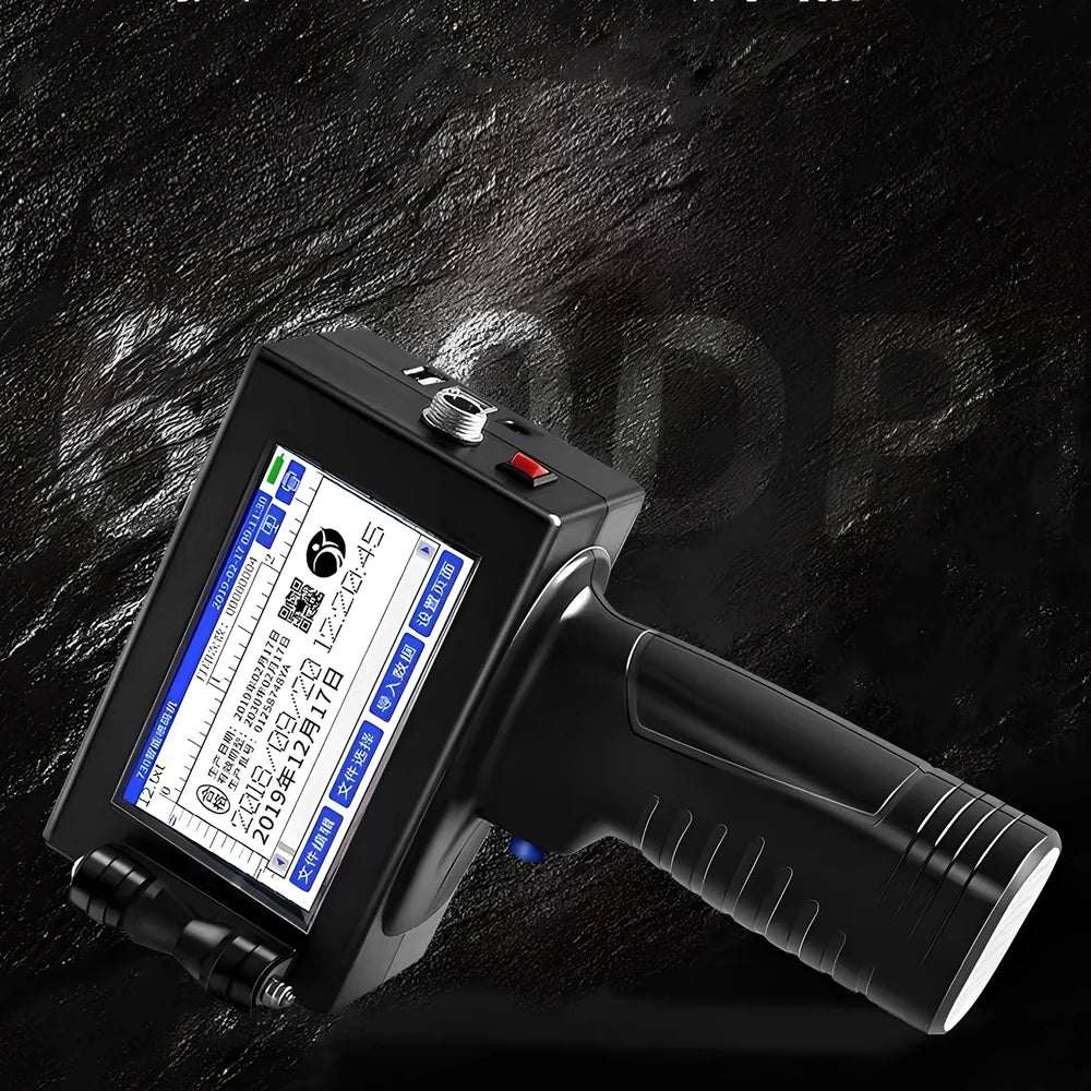 Hand-held inkjet printer with 12.7mm print head, black ink, dimensions 100x120x200mm for industrial marking