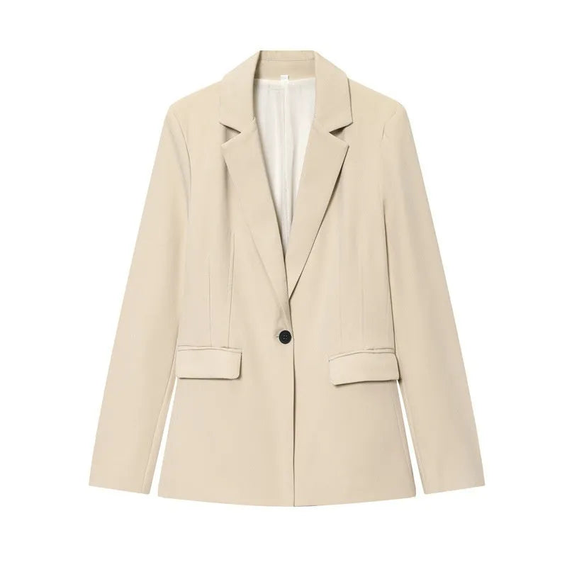 Women's slim-fit two-piece suit set with long-sleeve button jacket and flared pants in black, grey, pink, or apricot, sizes XS to L