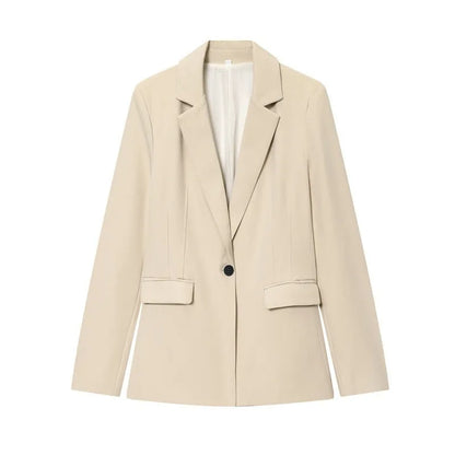 Women's slim-fit two-piece suit set with long-sleeve button jacket and flared pants in black, grey, pink, or apricot, sizes XS to L