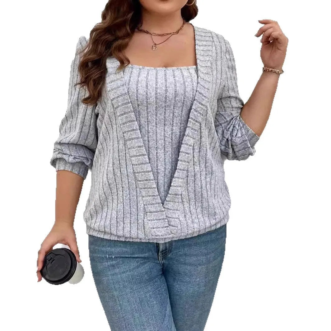 Solid colour rib fabric V-neck long sleeve false two-piece suit in loose fit with regular sleeves
