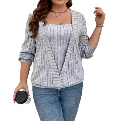 Solid colour rib fabric V-neck long sleeve false two-piece suit in loose fit with regular sleeves