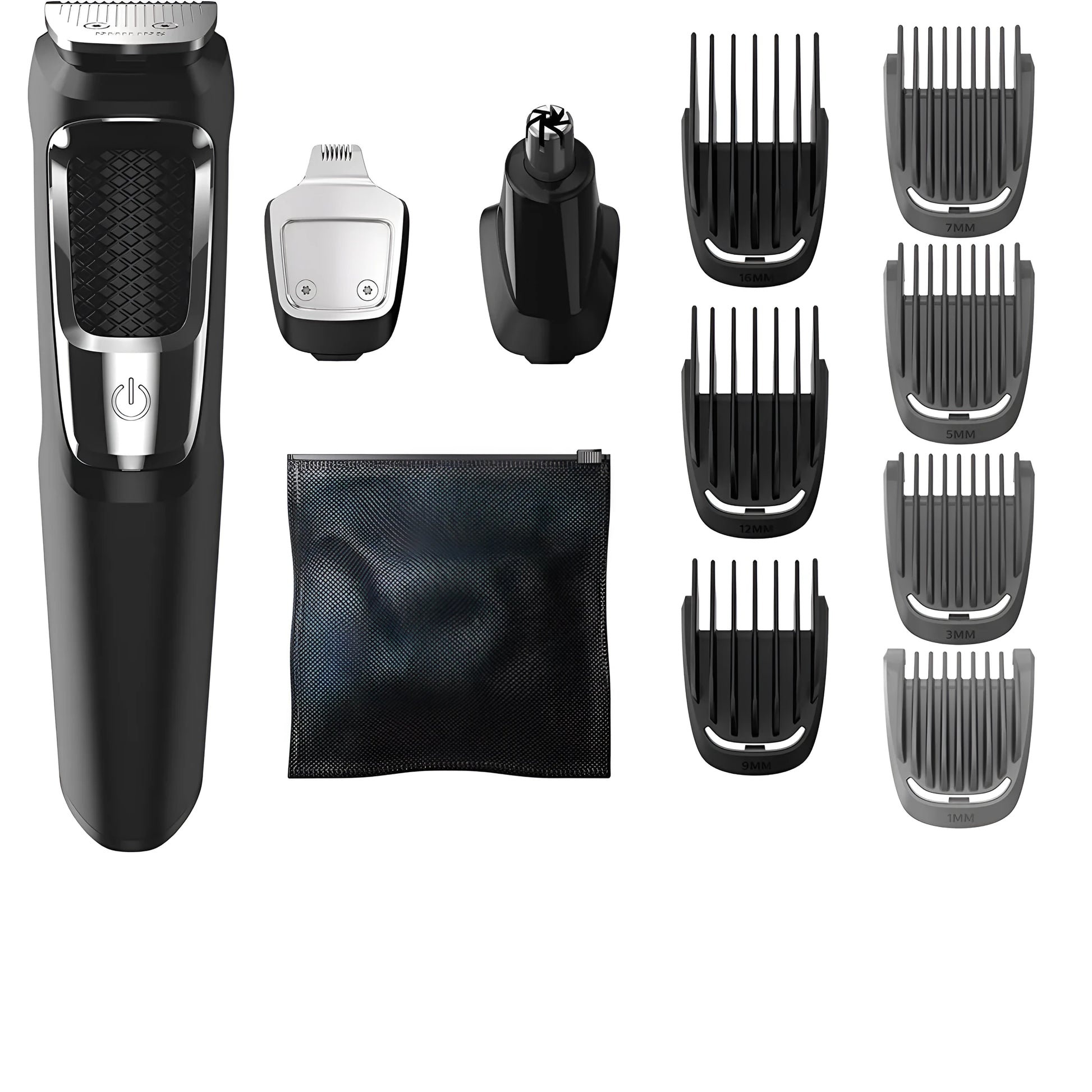 Men's nose hair and beard trimmer with cleaning brush and charging cable on a white background.
