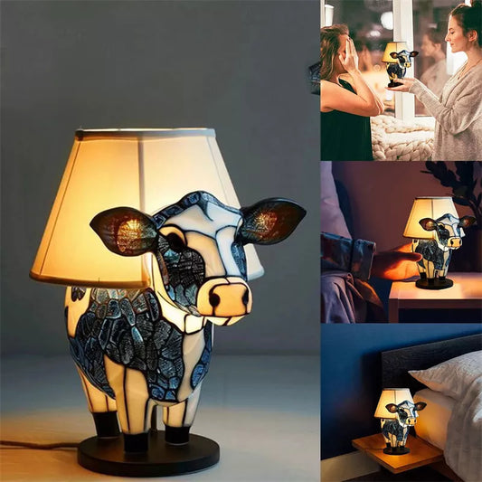 Vintage cow table lamp with USB power for cozy bedroom lighting