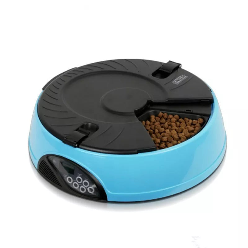 Automatic pet feeder with 6 food storage slots and voice recording feature