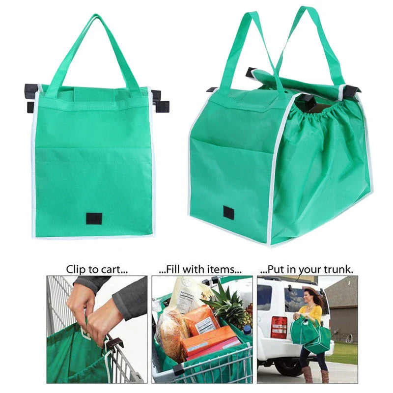 Foldable reusable grocery tote bag in green color, featuring durable construction, generous pockets, and a fold-flat design for easy storage