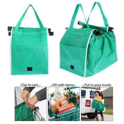 Foldable reusable grocery tote bag in green color, featuring durable construction, generous pockets, and a fold-flat design for easy storage