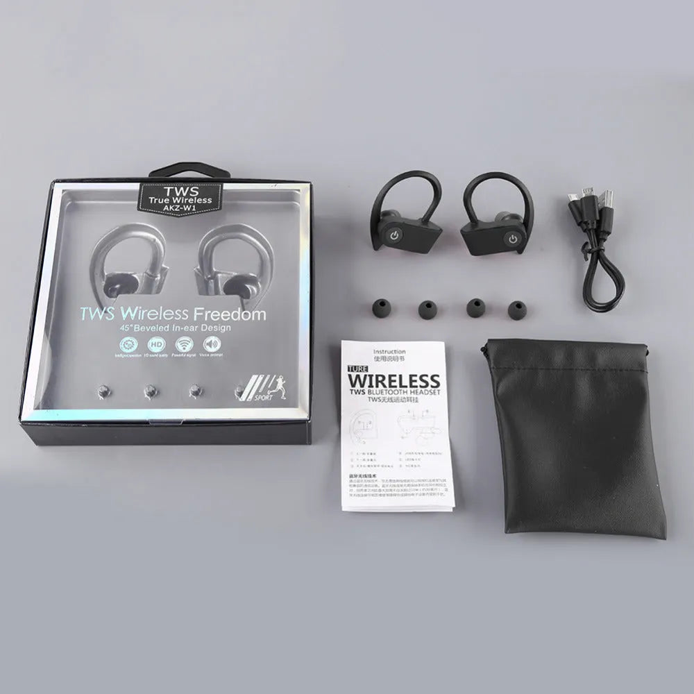 Black wireless Bluetooth earphones showing ergonomic design and LED indicator lights