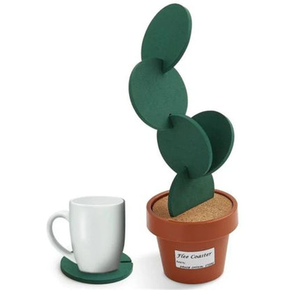 Cactus-shaped coaster set with various sizes to hold hot and cold drinks, protecting tables from scratches and marks