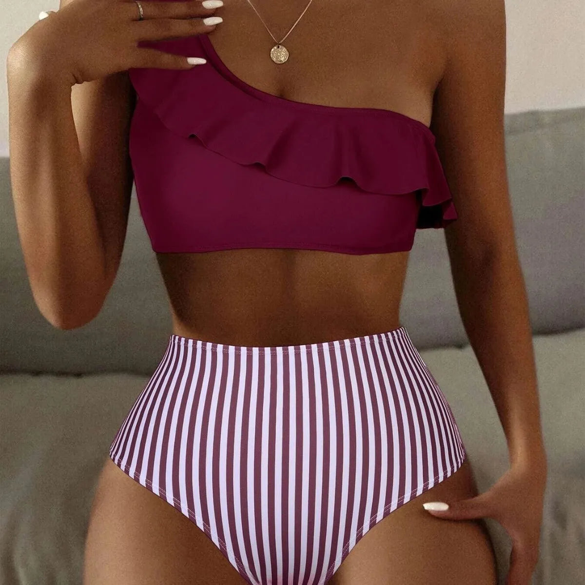 Women's striped and solid colour bikini swimsuit set shown in multiple colour options.