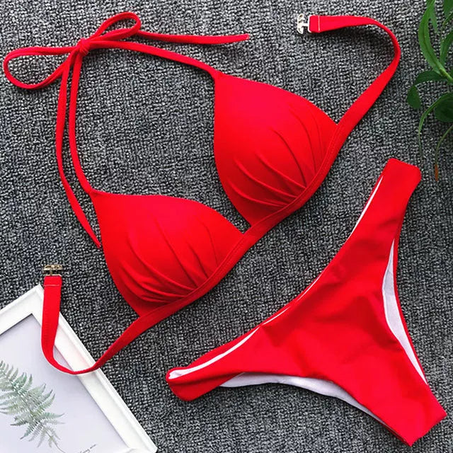 One-piece bra hanging neck bikini in various colors for swimming and wading sports