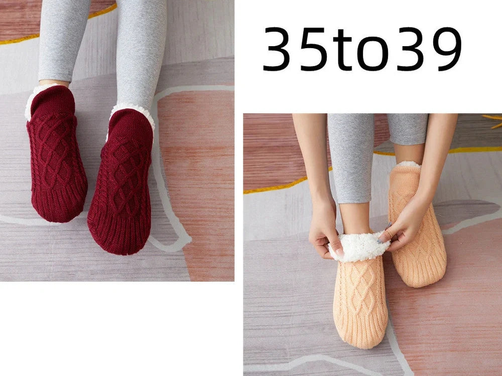 Winter woolen socks with V-opening design and anti-slip dots on soles in navy blue colour