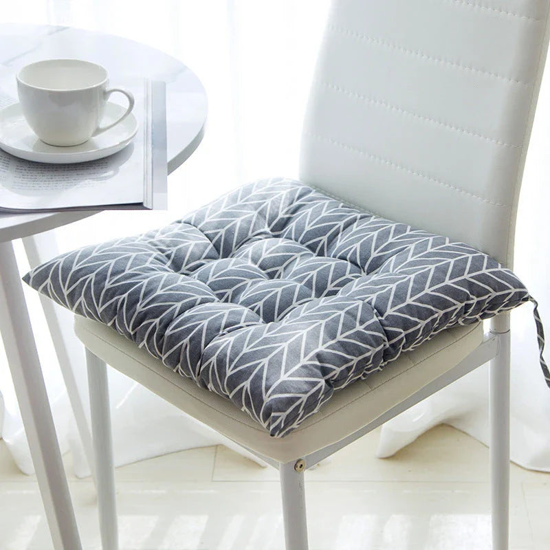 Comfortable Linen-Cotton Chair Cushion with a variety of vibrant patterns and designs, perfect for indoor and outdoor use.