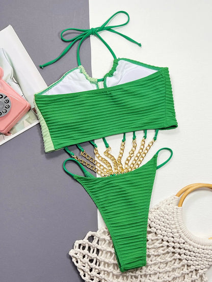 Green women's hollow one-piece swimsuit with solid colour polyester fabric