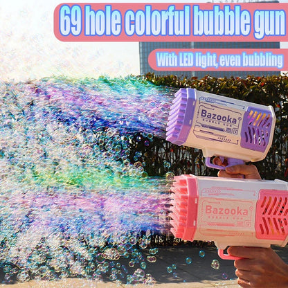 Powerful 69-hole bubble blasting rocket launcher with colorful LED lights for endless bubble-popping fun