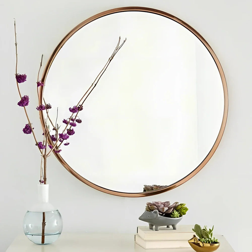 30cm round bathroom wall mirror with iron frame in black, white, or gold colour options