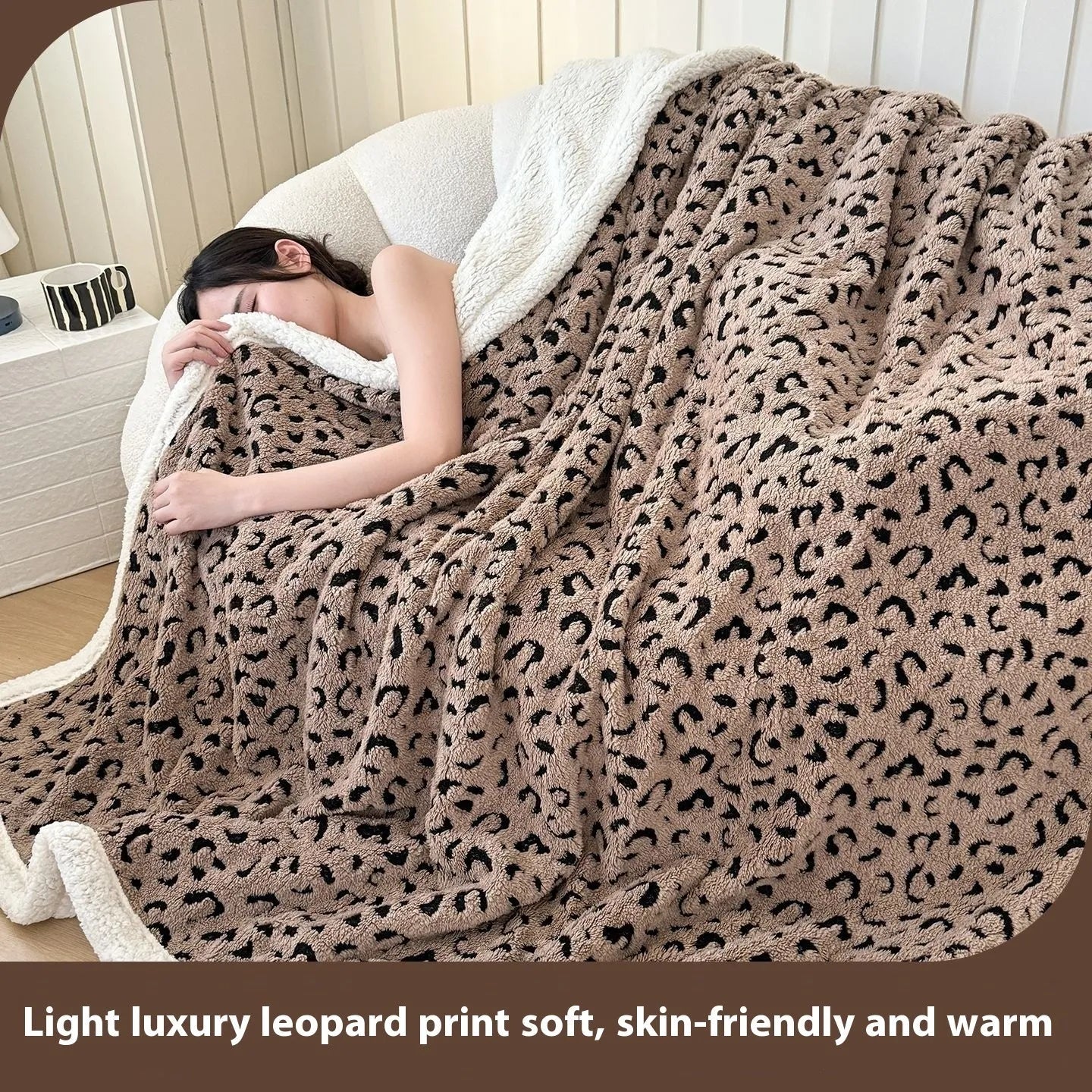 Double-layer cationic leopard jacquard taffeta blanket showing raised animal print pattern in available colour options