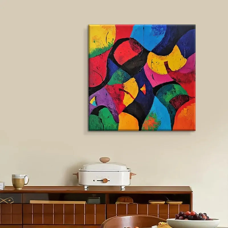 Hand-painted abstract oil painting on canvas, square unframed one-panel wall art, rolled for delivery