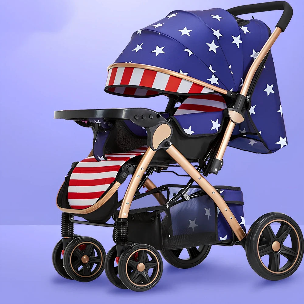 Baby stroller gift box in local gold frame with khaki blended fabric and 20cm rubber rear wheels for newborn use