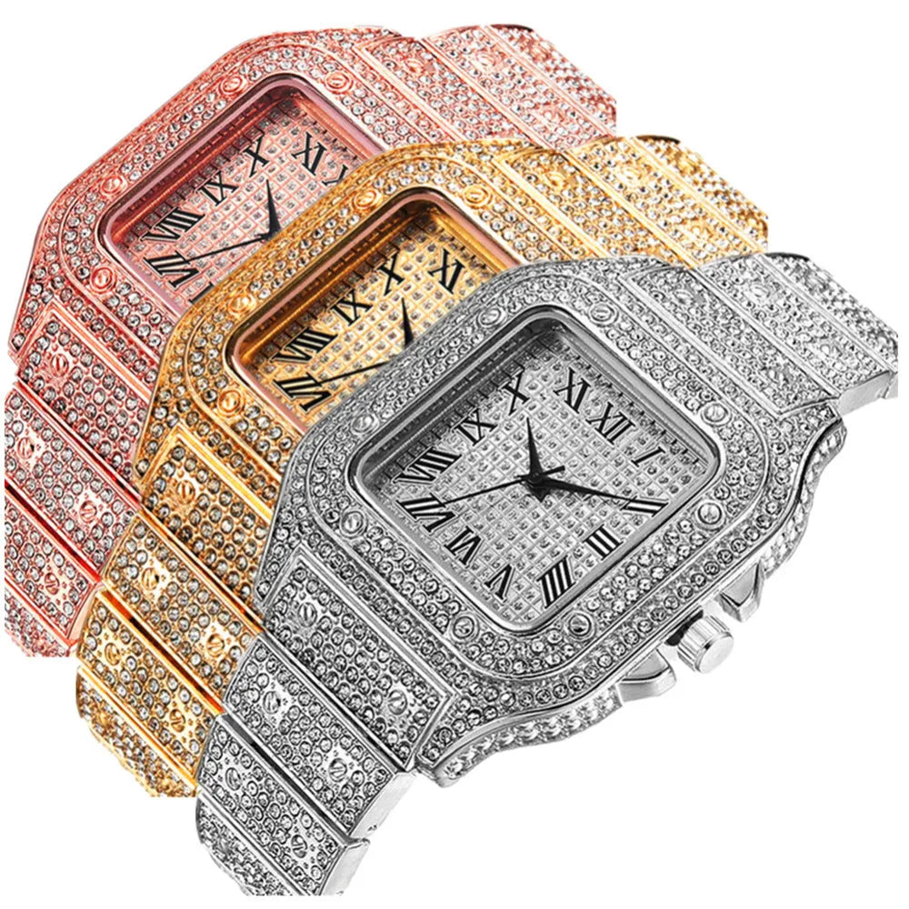 Roman Grain quartz watch set with black mesh band, square dial with roman numerals and diamond studs, plus matching bracelet and necklace