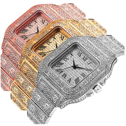 Roman Grain quartz watch set with black mesh band, square dial with roman numerals and diamond studs, plus matching bracelet and necklace