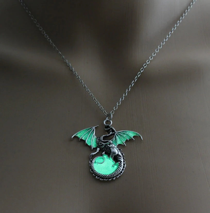 Glowing Vintage Flying Dragon Necklace with luminous pendant in ancient bronze and silver plating options