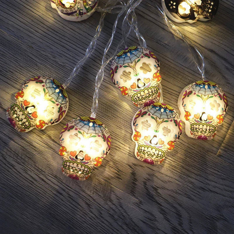 Halloween Skull LED Light Strings with warm white illumination and a spooky, haunting atmosphere
