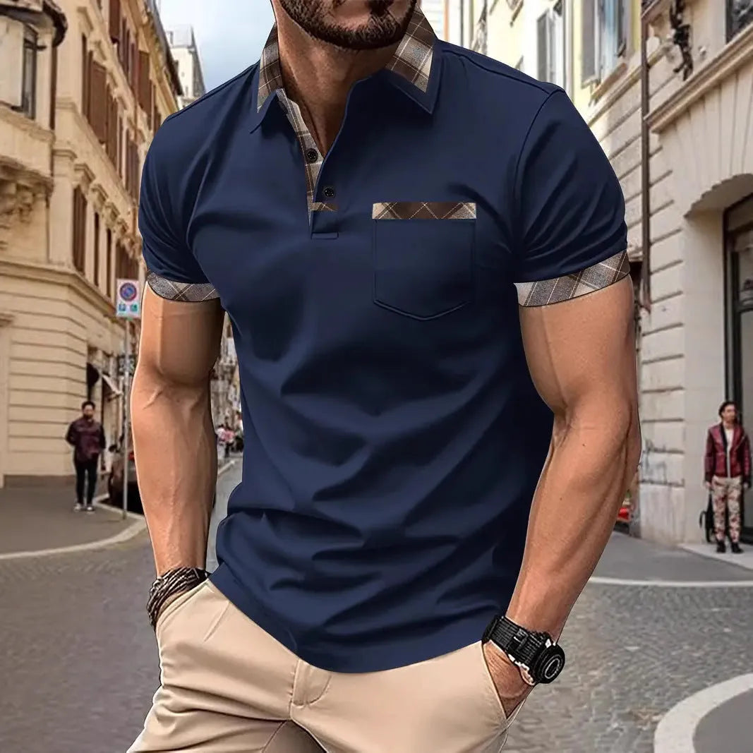 Men's short sleeve plaid colourblock t-shirt with zipper decoration in various colours and sizes